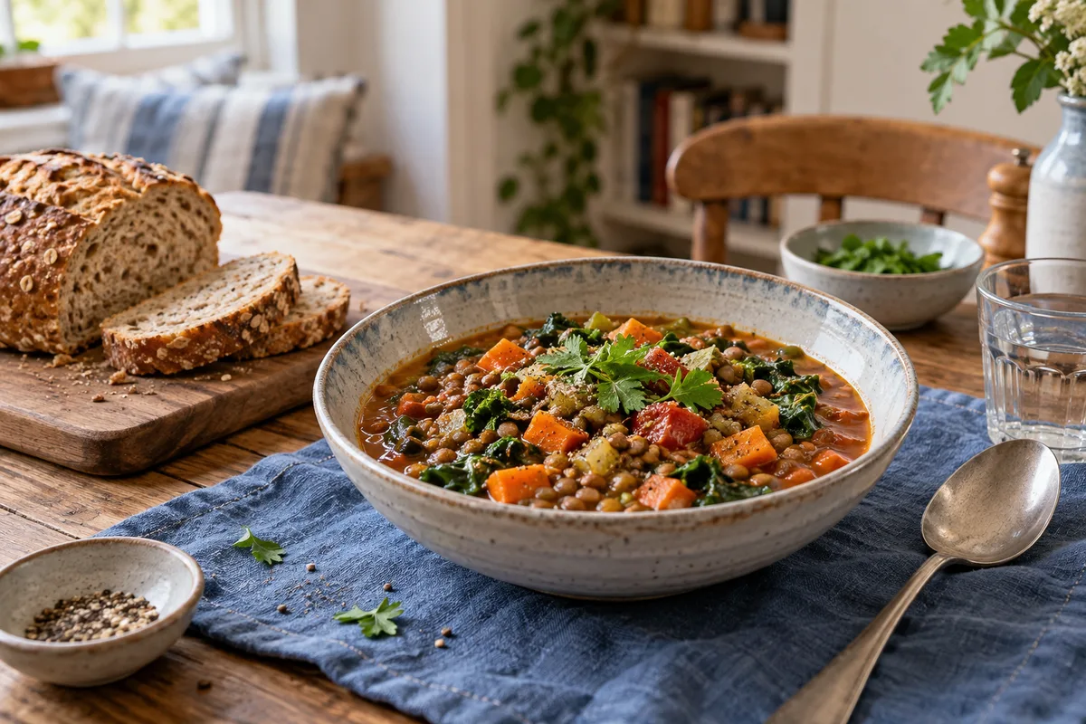Lentil and vegetable stew with wholegrain bread